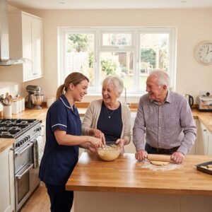 Elderly couple cooking in their Maine kitchen with home care nurse - staying independent at home in Bangor