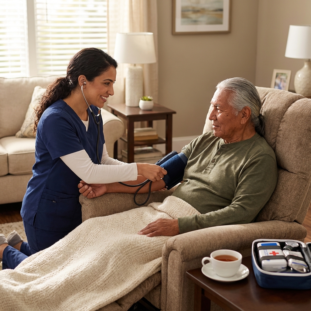 Registered nurse monitoring senior health during post-hospital recovery in Falmouth Maine