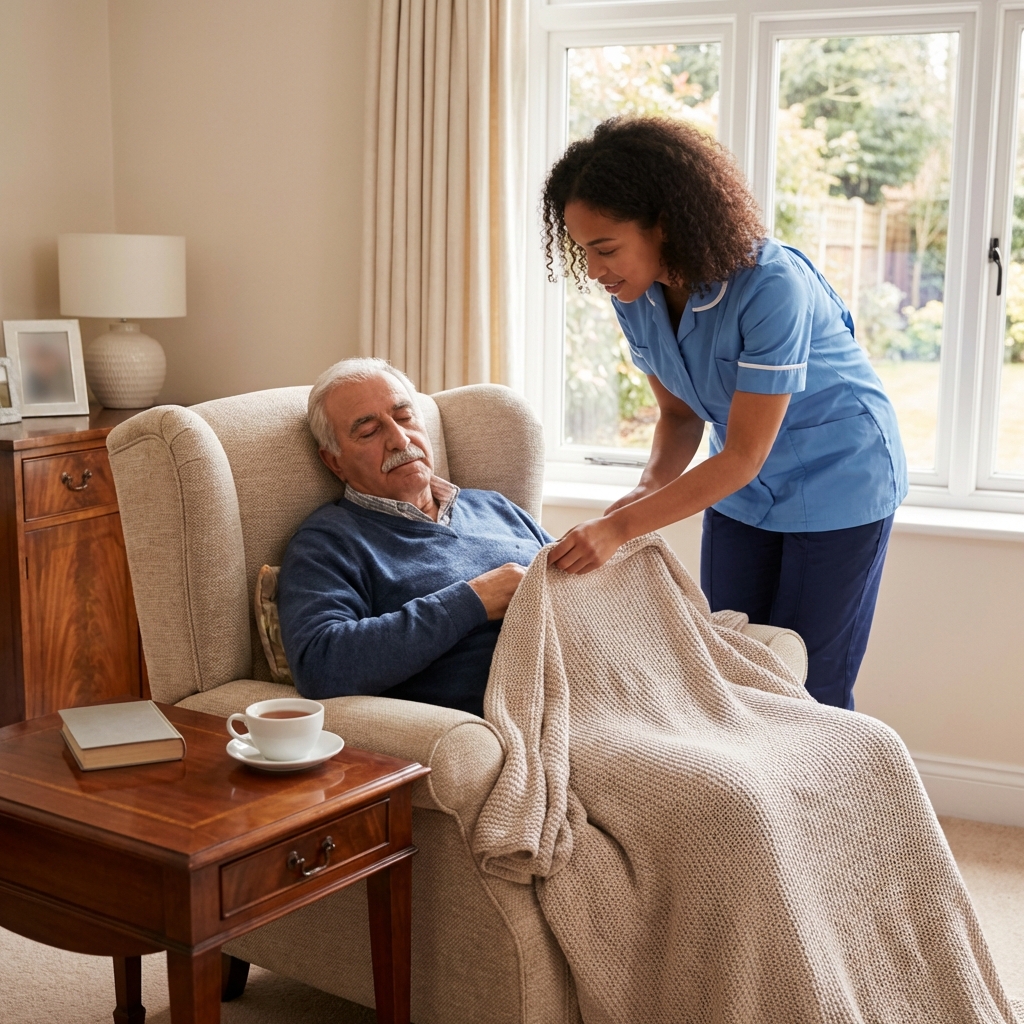Caregiver in scrubs gently helping an elderly man resting in a chair at home during post-hospital recovery, providing compassionate personal care in Maine