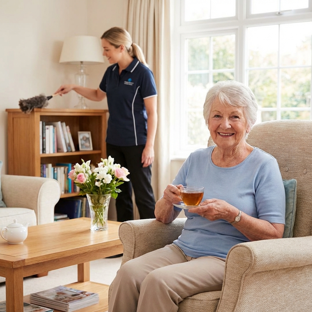 Homemaking caregiver tidying home while senior relaxes in Falmouth Maine