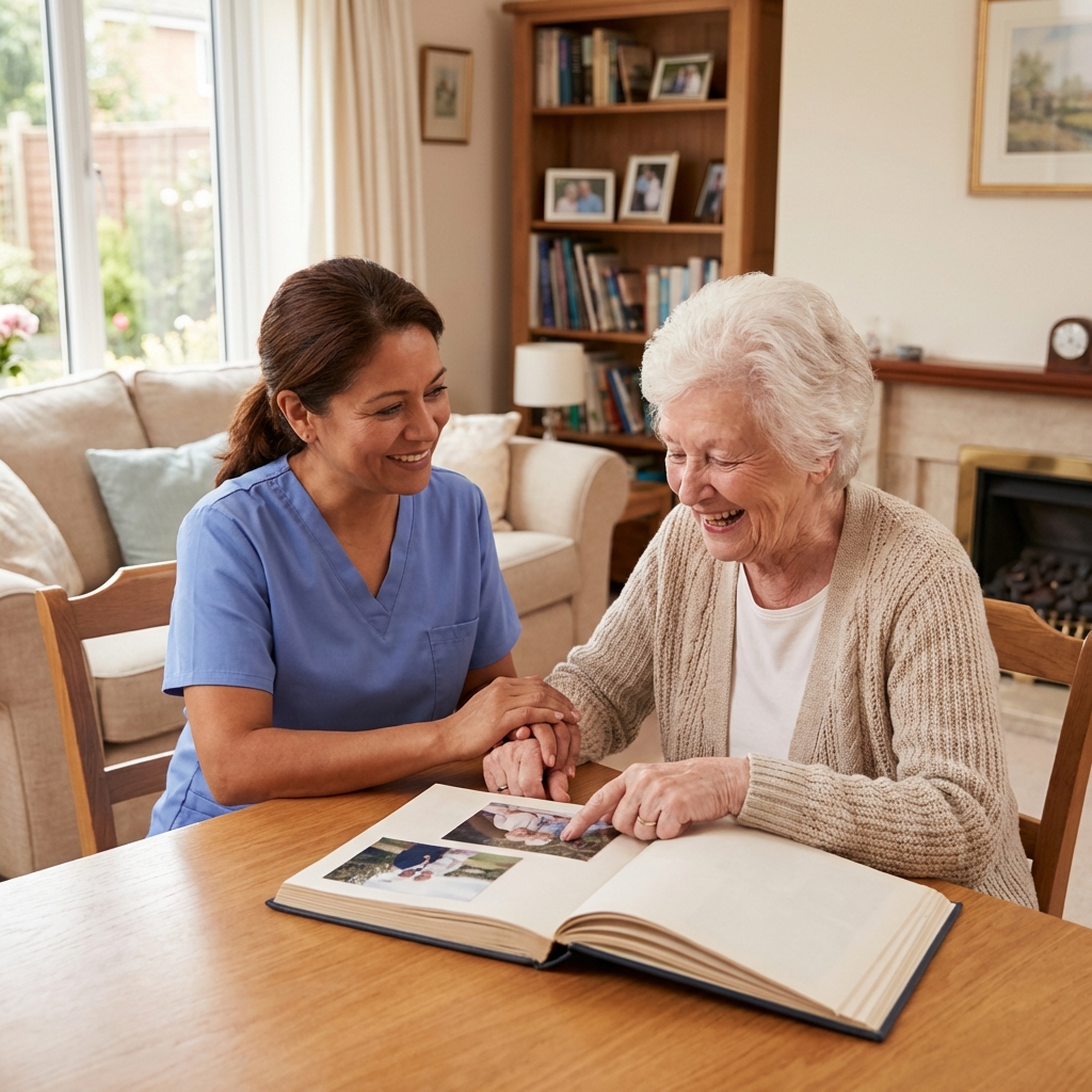 Dementia care specialist reviewing memories with senior in Falmouth Maine