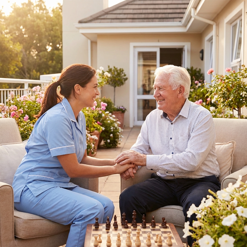 Companion caregiver playing chess with senior outdoors in Falmouth Maine