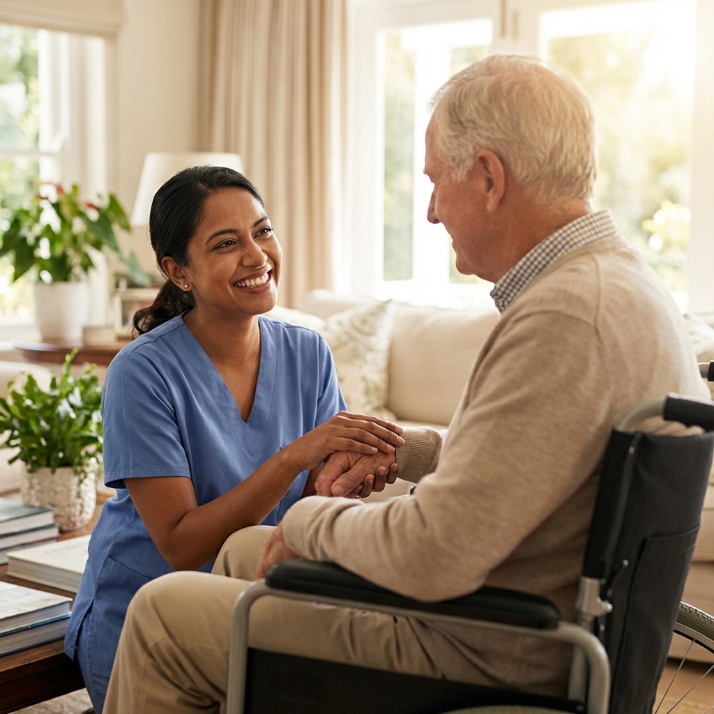 Caregiver holding hands with elderly man providing comfort and companionship during dementia care in Bangor Maine