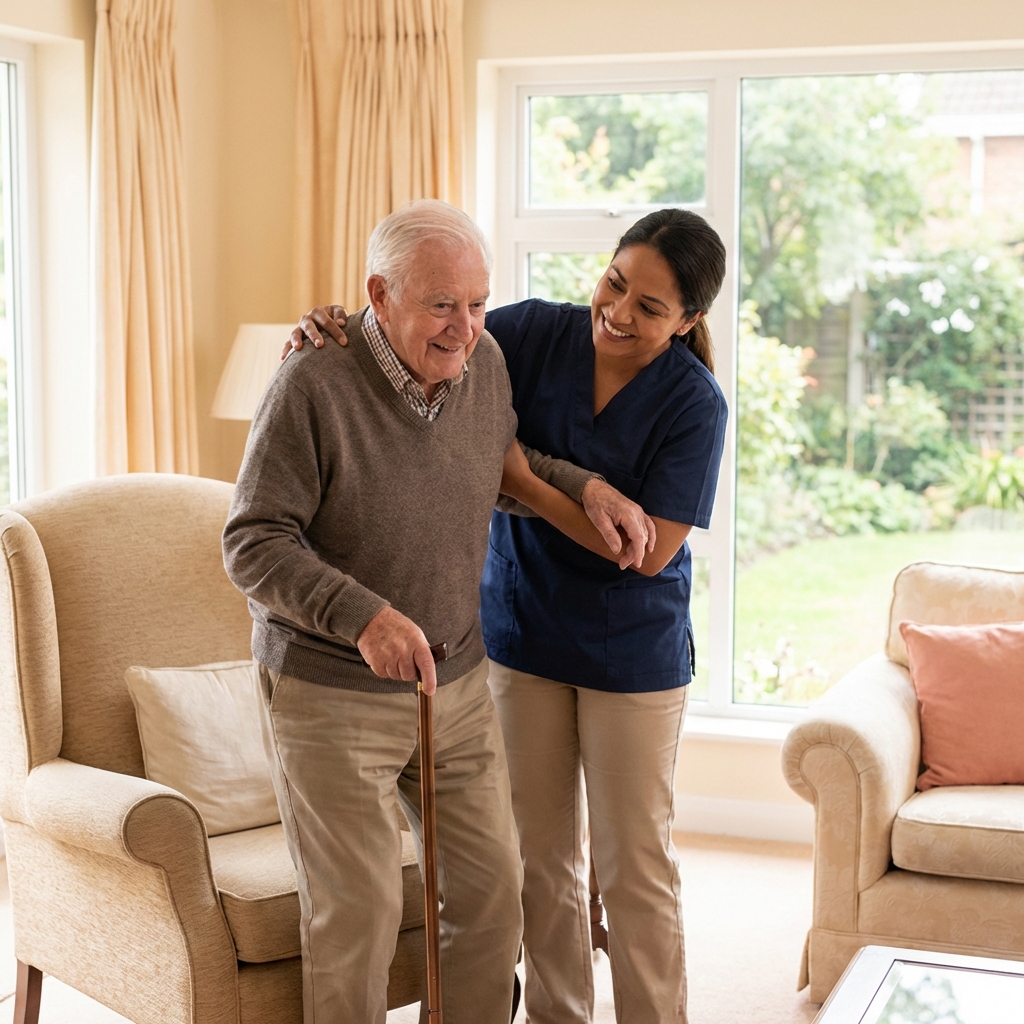 In-home caregiver assisting senior with mobility in Falmouth Maine