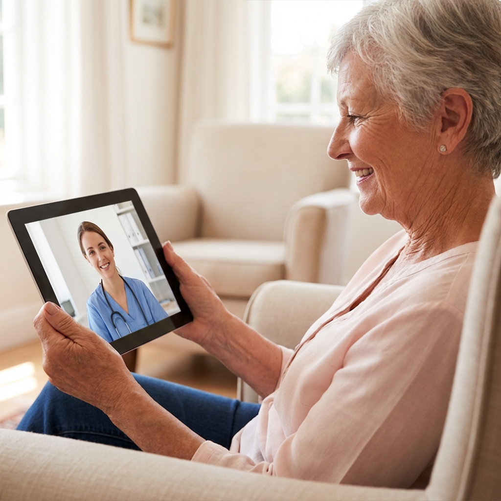Elderly woman in Bangor Maine connecting with family on video call for long-distance dementia caregiving support