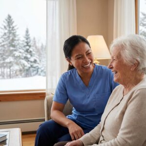 Nurse caregiver comforting elderly couple at home during winter evening in Bangor Maine - sundowning dementia care